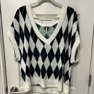 Free People V-Neck Black and White Sweater with Geometric Design